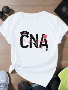 Camiseta con Estampado de Latidos de Corazón para Enfermeras CNA - Suave, Holgada, de Manga Corta, Cuello Redondo, Uniforme Adecuado para el Atuendo Profesional de Enfermeras Auxiliares, Lavable a Máquina, Estilo Casual, Playeras de Mujer - Blanco - Ver 1