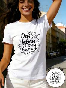 Camiseta de manga corta para mujer, corte regular - Diseño artístico creativo con dibujo geométrico 2D que combina texto y patrones en forma de corazón, top casual de manga corta y cuello redondo adecuado para todas las estaciones, disponible en varios colores y tallas, moda de vacaciones, estética retro, material transpirable, estampados divertidos. 6UGJ - Blanco - Ver 6