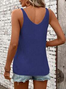 Parte superior de punto sin mangas de diseño hueco de unicolor para mujer, conjunto casual de ropa de punto informal, parte superior de cubierta de estilo bohemio para mujer, atuendo de verano bohemio chic para mujer - Azul 2 - Ver 2