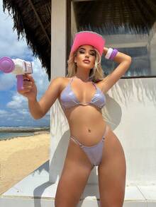 Nuevo bikini sexy de dos piezas con tanga brillante - Blanco - Ver 7