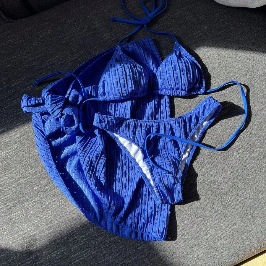 New 3-Piece Swimsuit Set - Backless Bikini With Adjustable Ties - Blue - View 1