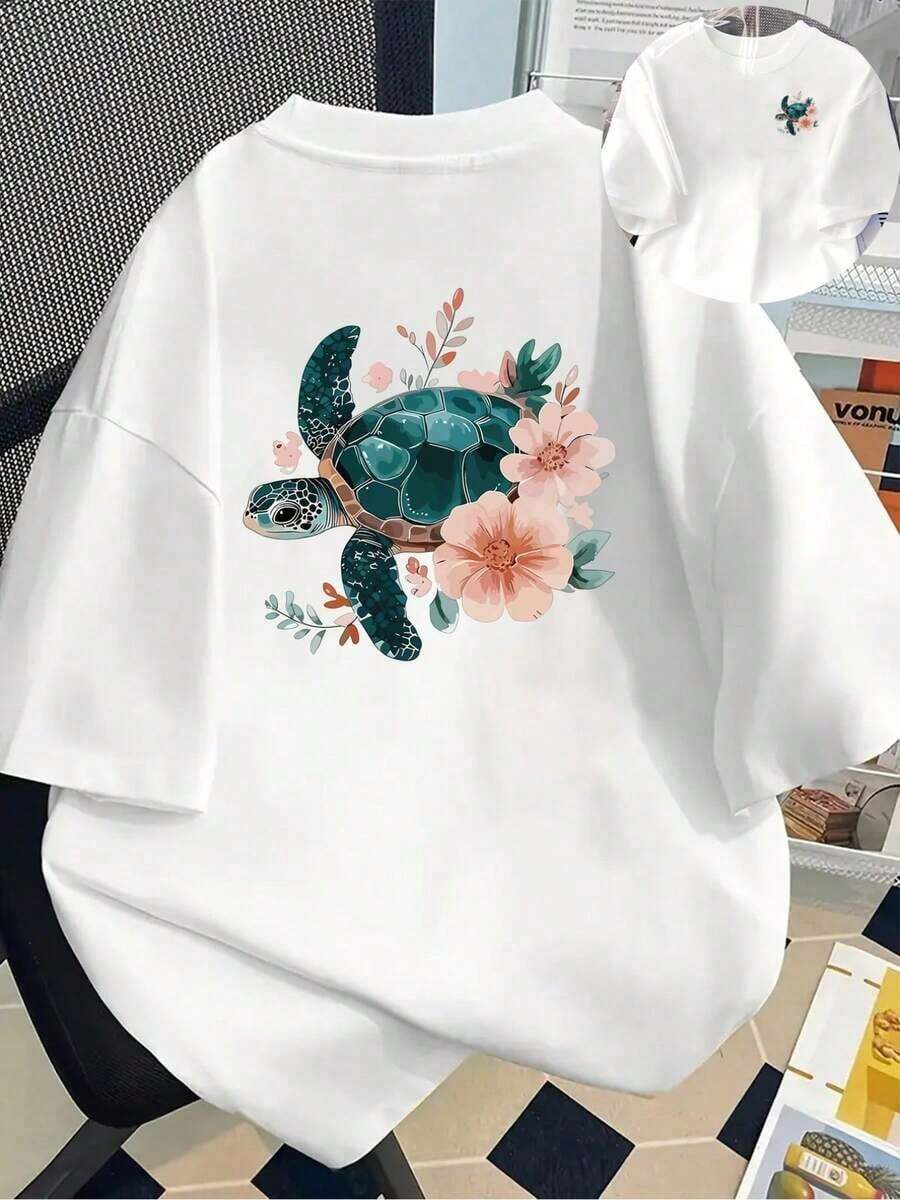 Camiseta de manga corta estampada con diseños frontales y traseros - Tortuga, estampado floral - Camiseta estampada de primavera/verano para mujer, ¡tu mejor elección! Transpirable y cómoda. - Blanco - Ver 1
