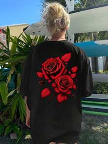 Conjunto de diez piezas de camisetas de primavera-verano para mujer, de talla grande, cuello redondo, hombros caídos, cómodas y holgadas, con estampado de gran tamaño -- Camiseta minimalista de algodón de manga corta para el día a día, transpirable y cómoda. - Negro 3 - Ver 1