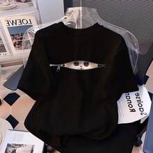 Camiseta con estampado de camisa casual para mujer, manga corta y cuello redondo, moda urbana local de primavera/verano camiseta unisex. 4LDF - 1681 Negro - Ver 10
