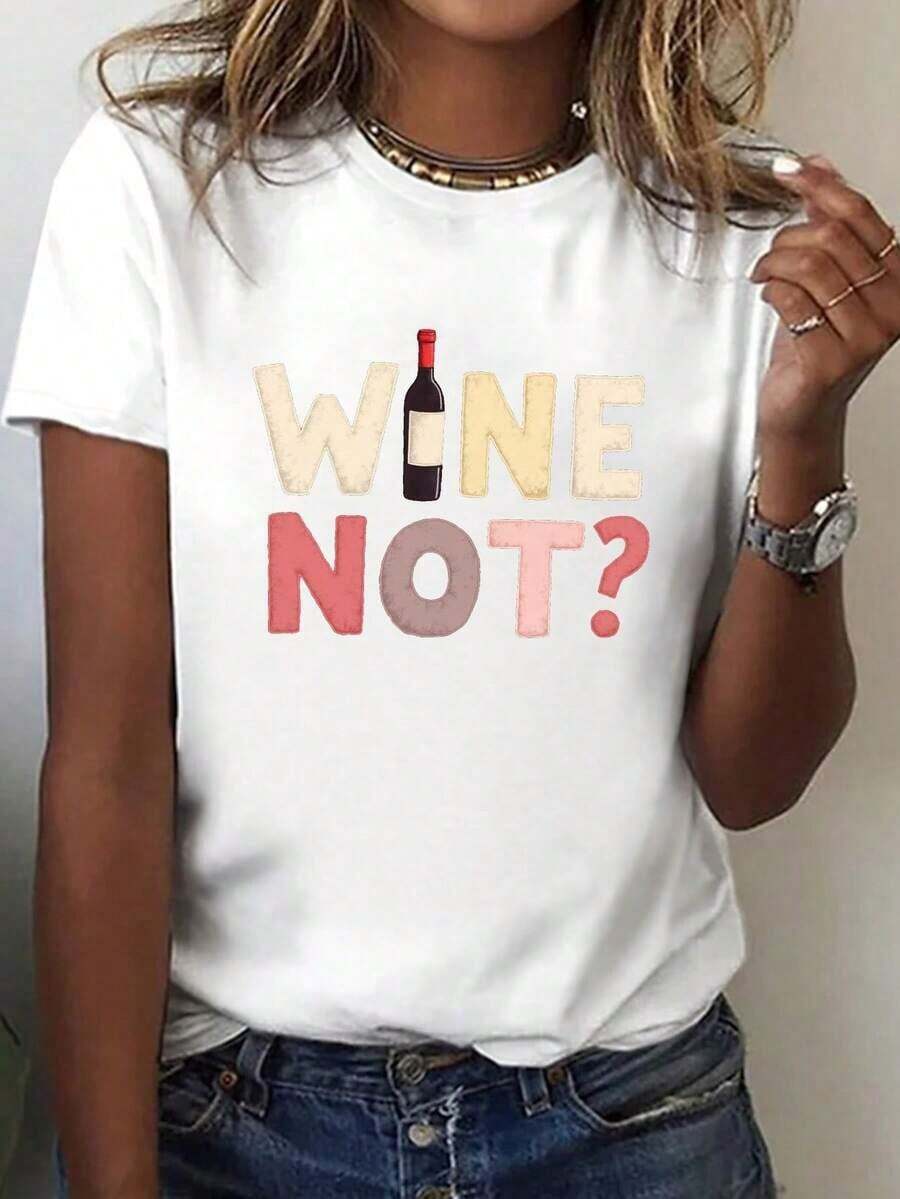 Camiseta Holgada Sencilla Mujer Estilo Moderno Camiseta casual de manga corta con cuello redondo y estampado de botella de vino, perfecta para primavera y verano, diseñada para mujer.Camiseta Mujer Estampado Gráfico Verano 2026 - Blanco - Ver 1