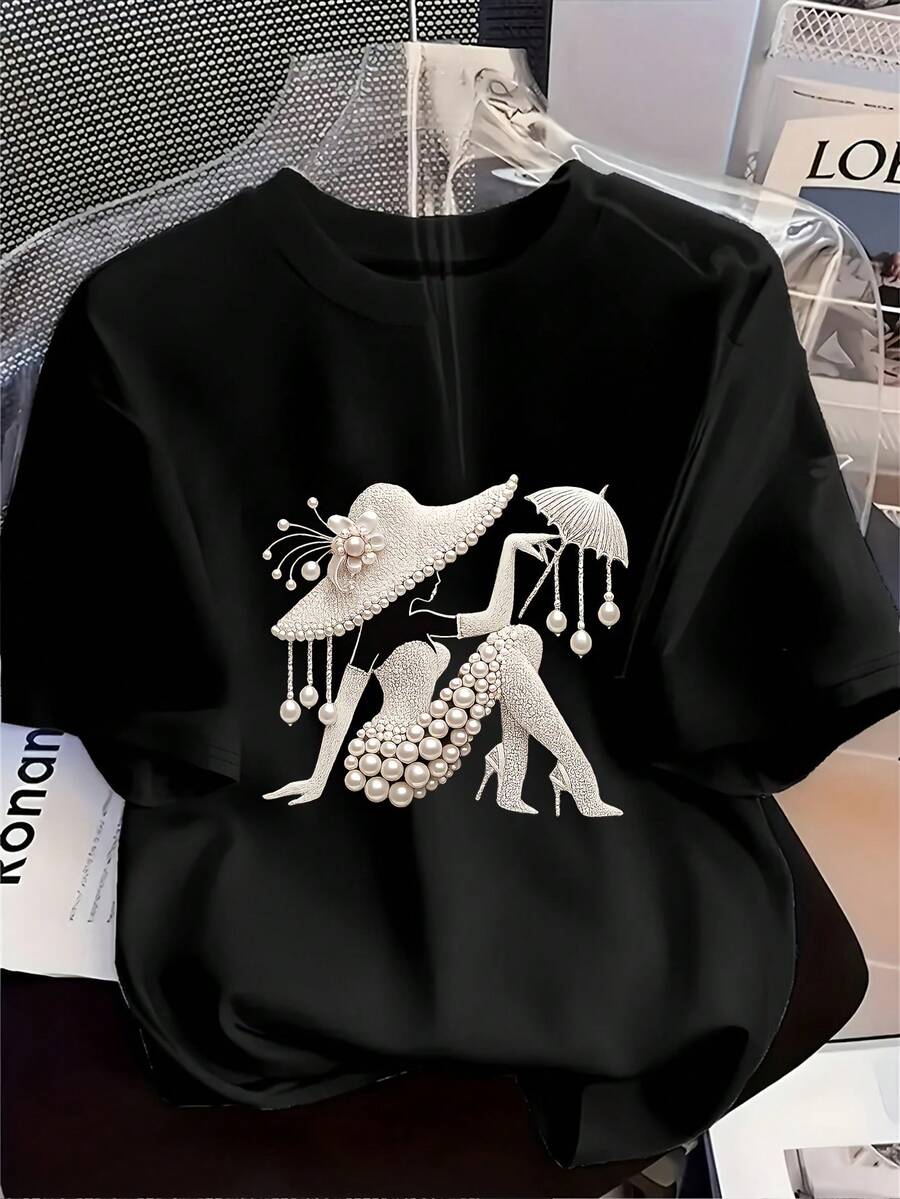 1 camiseta de mujer con estampado de sombrero de perlas, camiseta de manga corta a la moda para primavera y verano, estilo casual moderno y versátil, el regalo perfecto para tu novia o esposa. Simplifica la dificultad de la selección diaria de atuendos. - Negro - Ver 1