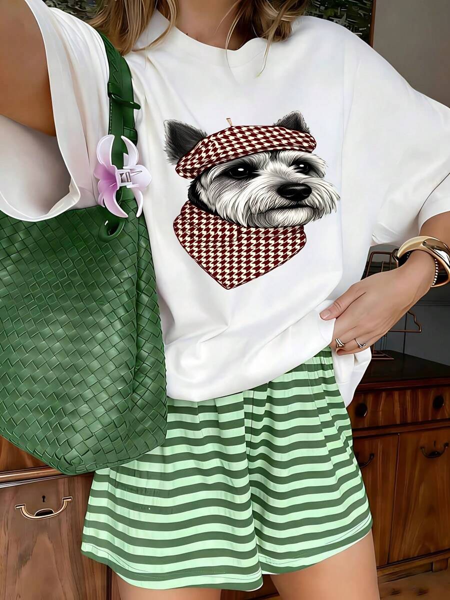Cute Dog Graphic T-Shirt, 100% Cotton Oversized Soft Breathable Casual Crewneck Short Sleeve Top, Retro Aesthetic Summer Vibes Tee for Pet Lovers & Dog Enthusiasts