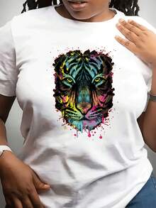 Camiseta de talla grande para mujer - Patrón de cabeza de tigre blanco con efecto de salpicaduras en rosa neón y azul - Tela opaca, cuello redondo, estilos casuales y formales - Cómoda para todas las estaciones, lavable a máquina, versátil para ocasiones diarias y especiales - Regalo perfecto (top de moda con estampado animal) playeras de mujer algodón blusa negras para dama - Blanco - Ver 7