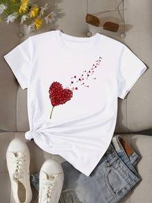 Love Print T-Shirt, Short Sleeve, Round Neck, Casual Top For Summer And Spring, Women's Clothing - White - View 1