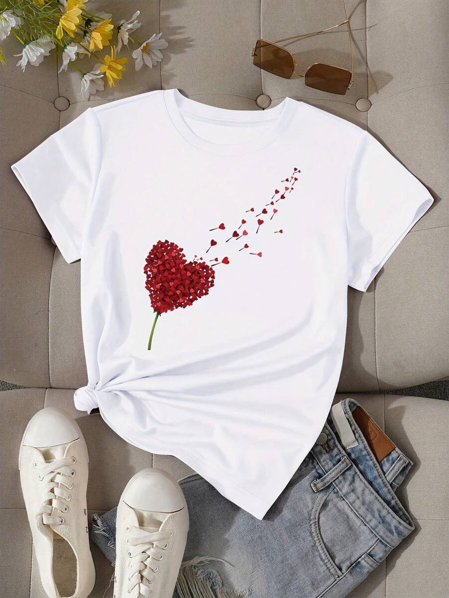 Love Print T-Shirt, Short Sleeve, Round Neck, Casual Top For Summer And Spring, Women's Clothing - White - View 1
