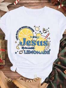 Elegante y casual para mujer, manga corta, camiseta de mujer con estampado gráfico de la fe cristiana, Jesús y la frase "Lemonade", blanca, informal, para uso diario y eventos religiosos. - Blanco - Ver 3