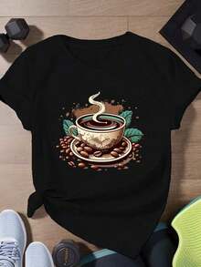 Women's Plus Size Retro Style Short Sleeve Sports T-Shirt, Brown - Black - View 4