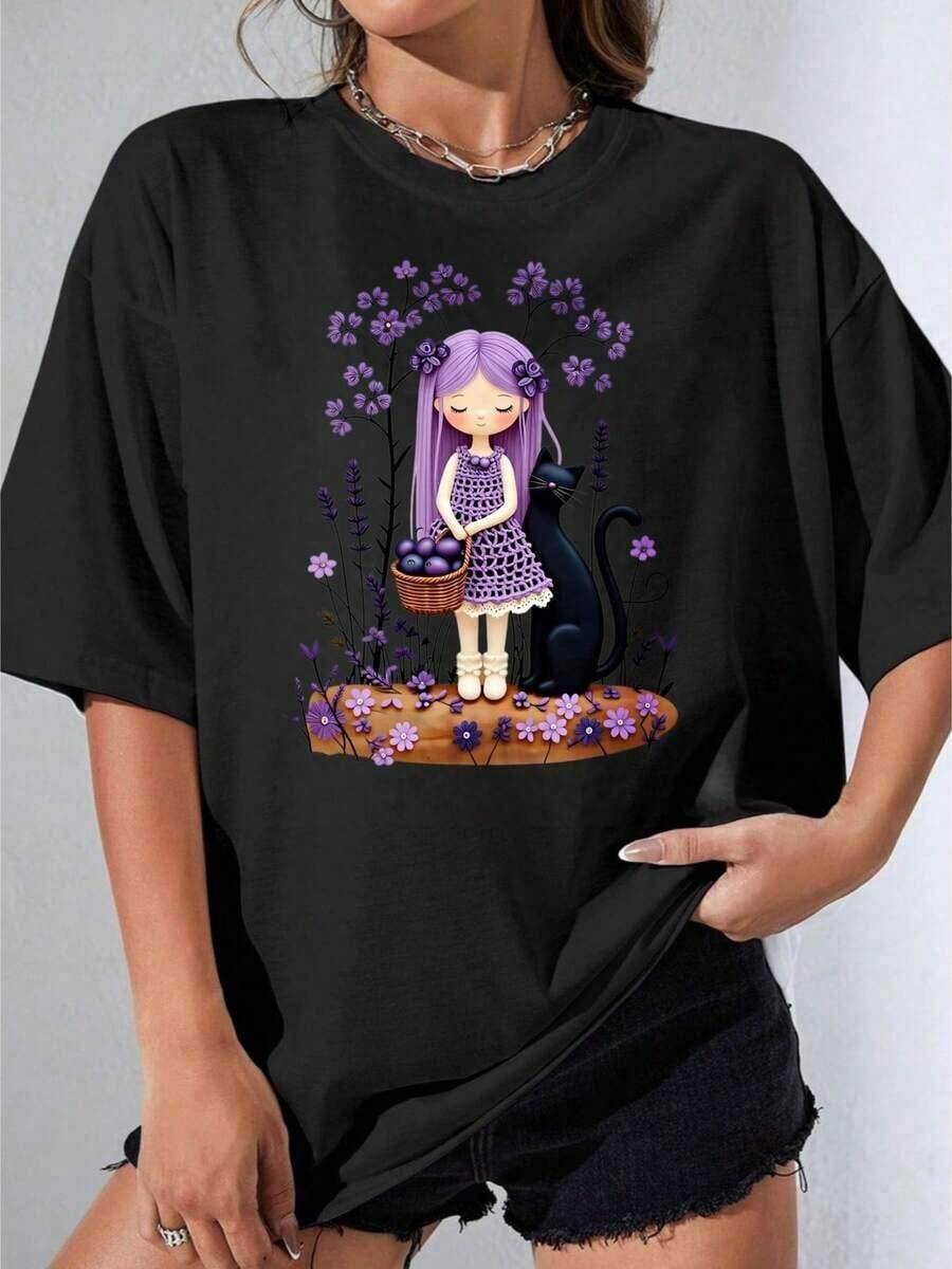 Camisetas de Mujer, Manga Corta Casual para Fiesta, Camiseta Oversize OneWomen Blanca con Estampado de Flores Moradas y Gato Negro, Ropa Casual de Verano 180g - Negro - Ver 1