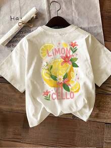 Camiseta de edición limitada con estampado gráfico, manga corta, cuello redondo, top casual para verano y primavera, ropa de mujer, algodón ligero. - Albaricoque - Ver 2