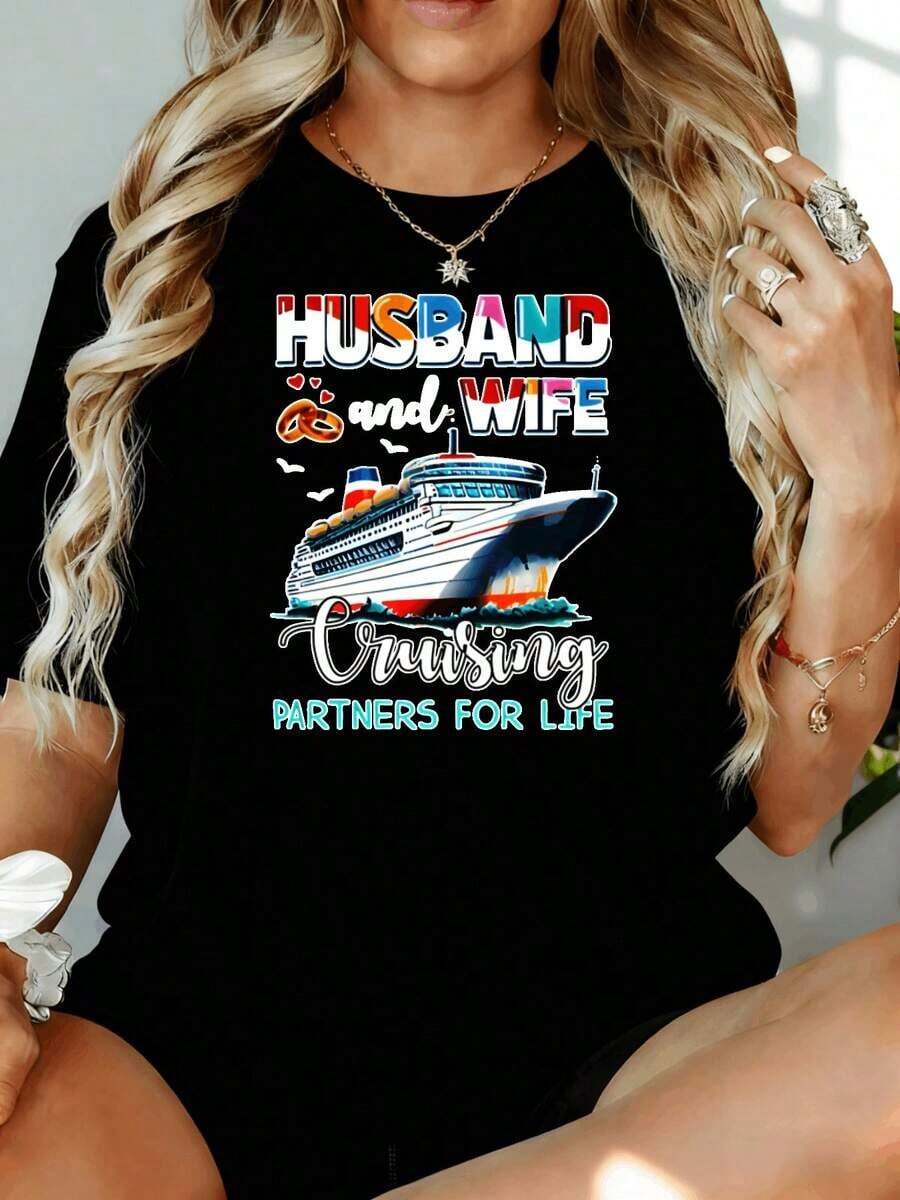 "Husband And Wife Traveling: Life Partners" T-Shirt, Cruise Vacation Gift For Him And Her, Matching 180g T-Shirts, Leisure At Home And Outdoors, Gift For Valentine's Day Or A Party - 黑色 - 查看 1