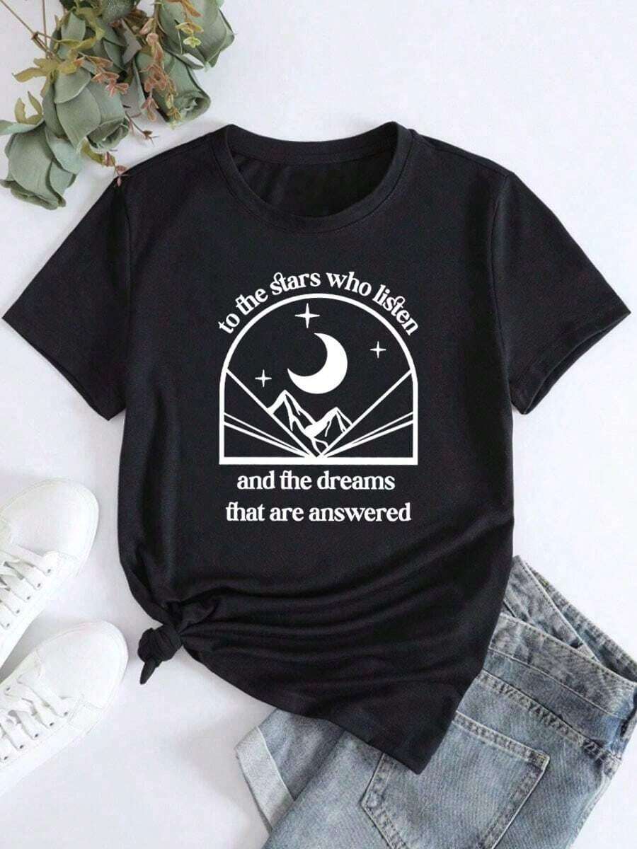 Camiseta de manga corta con cuello redondo y estampado de luna para mujer, sencilla y elegante. - Negro - Ver 1
