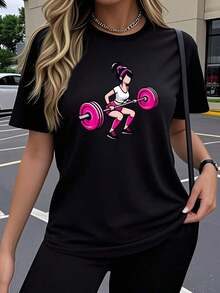 Ropa Curvy En Oferta Y  Camiseta De Manga Corta De Una Sola Pieza Para Mujer, DiseñO Deportivo Con Estampado Popular, Creativo Y Divertido, Transpirable, EláStica, Con Cuello Redondo, CóModa Para Usar Al Aire Libre En Primavera, Verano Y OtoñO, Estilo Y2K, Holgada, Informal, Sencilla Y A La Moda.Camisetas Para Mujer Y2K - Negro - Ver 8