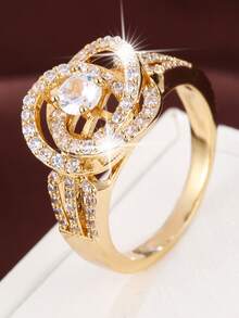 1pc Delicate Floral Line Design Cubic Zirconia Inlaid Women Ring - Multicolor - View 9