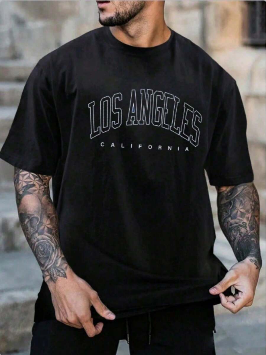 Hombres Camiseta con estampado de letra - Negro - Ver 1