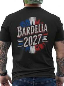 Camiseta nacional francesa de rally 2027 de Bardella para hombres - negra con impresión blanca y roja en la parte trasera, colores de la bandera francesa, tela de algodón puro transpirable, camiseta casual de manga corta con cuello redondo para uso informal y eventos de rally. - Negro - Ver 1