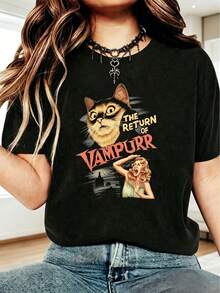 Camiseta de manga corta para mujer, cuello redondo, holgada, con estampado gráfico de gato y figura femenina, ideal para uso diario, salidas casuales, fines de semana y eventos de Halloween, estilo retro y streetwear, para primavera y verano. Envío nacional en México. - Negro - Ver 2