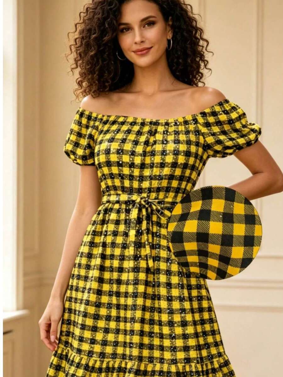 Casual Short Dress With Front Buttons, Long Sleeves, And A Plaid Print. - 黃色 - 查看 1