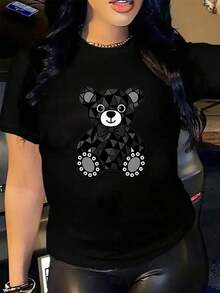 100% cotton 1pc blusas de mujer blusas bonitas para mujeres ropa de mujer conjuntos para mujer Oso geométrico camiseta 180g negro y blanco algodón patrón estampado oso corbata impresión algodón alta calidad cuello redondo ajuste básico holgado hombres y mujeres transpirable versátil lavable a máquina cómoda talla S ~ 3XL diario casual deportes imprescindible verano - Negro - Ver 1