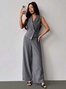 de 2 piezas de ropa de otoño, top sin mangas y pantalones de unicolor para mujer - Gris 2 - Ver 7