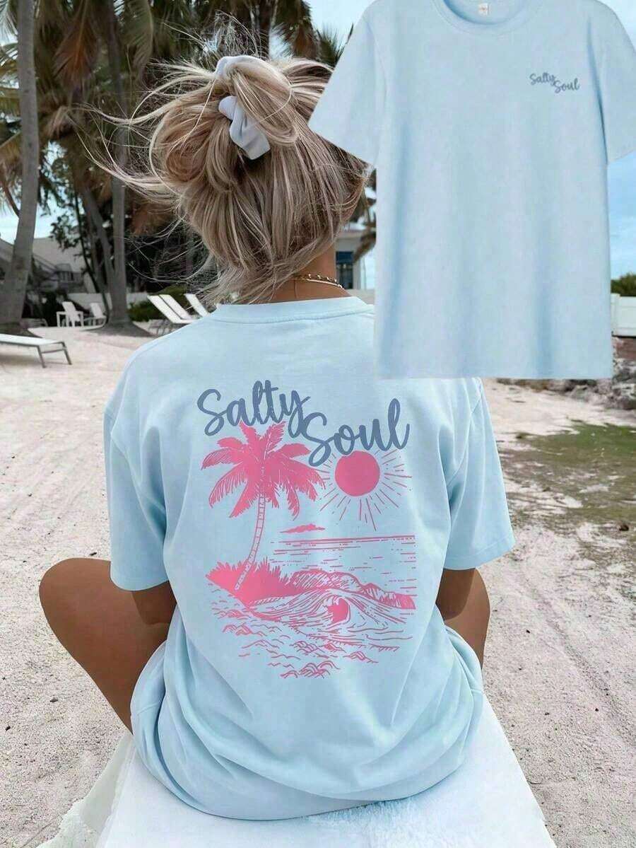 SALTY SOUL Women's Summer T-Shirt 2026, New Spring/Summer Collection, Coconut And Sun Print, Round Neck, Short Sleeve, Casual, Versatile, Essential Garment For Everyday Wear And Vacations. Women's Vacation Print T-Shirt, Loose And Comfortable, Summer Tops - 淺藍色 - 查看 1