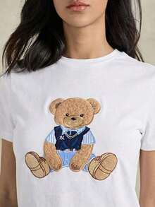 Versatile And Casual Everyday Short-Sleeve T-Shirt With A Round Neck And Bear Embroidery For Women, Perfect For Summer Outfits, Women's Summer Wear, Women's Valentine's Day Outfits, Beachwear, Going-Out Tops, And Graphic Tees For Women. - 白色 - 查看 2