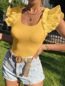 Camiseta de manga corta ajustada con cuello cuadrado de unicolor para mujeres - Amarillo - Ver 5
