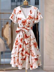 Vestido casual de mujer con cuello en V, mangas con volantes y estampado floral - Rojo y blanco - Ver 4