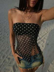 Top bandeau con cordón bajo asimétrico con cordón de malla - Negro 2 - Ver 1