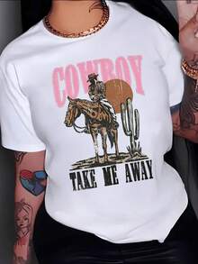 Cowboy Riding His Horse Under The Desert Sun Next To Tall Cacti That Evoke Freedom And Open Roads. Casual, Comfortable, And Modern Women's T-Shirt For Everyday Wear. - 白色 - 查看 8