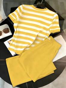 2 piezas Conjunto de camiseta y pantalones a rayas casuales para mujer - Multicolor 4 - Ver 2