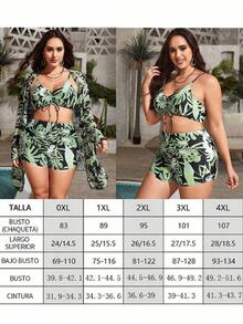 Conjunto de traje de baño estampado tropical de talla grande top de tirantes con cordón y kimono de verano para mujer moda 3 piezas - Verde Oscuro - Ver 7