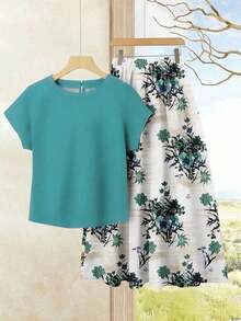Set de 2 piezas Blusa de unicolor + Falda estampada con flores moradas de estilo casual de vacaciones para mujer, Conjunto de verano para mujer, Conjunto de falda y blusa, Conjunto de falda y blusa para mujer, Conjunto de falda estampada de pri - Verde - Ver 7