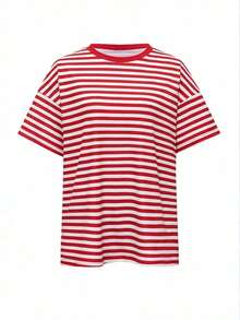 Camiseta casual de mujer  de cuello redondo holgado, camiseta de manga corta de ajuste ceñido con parches a rayas minimalista, adecuada para primavera/verano, ideal para el Día de San Valentín - Rojo - Ver 3