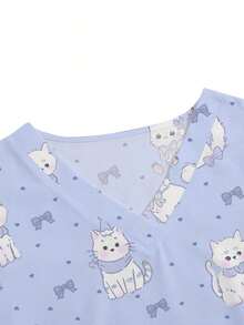 Blusa de cuello en V azul de manga corta con doble bolsillo, estampado de patrones de dibujos animados lindos, uniforme de trabajo para enfermera/médico, ropa de trabajo de unicolor para peluquería de mascotas, bata de laboratorio de nutricionist - Morado - Ver 3