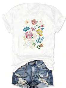 Pastel-Toned Boho Floral Print T-Shirt, Flower Design, Hipster Style, Urban Clothing, Print T-Shirt 02, Short Sleeve, Round Neck, Casual Top For Summer And Spring, Plus Size Women's Clothing, Breathable And Comfortable. - 白色 - 查看 2
