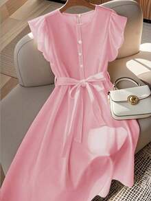 Vestido de mujer de longitud media, cómodo y suave, sin estiramiento, con cuello redondo, mangas de vuelo, cintura elástica, decoración de botones de perla, estilo francés elegante y versátil para vacaciones y viajes, color albaricoque, primavera - Rosa - Ver 1
