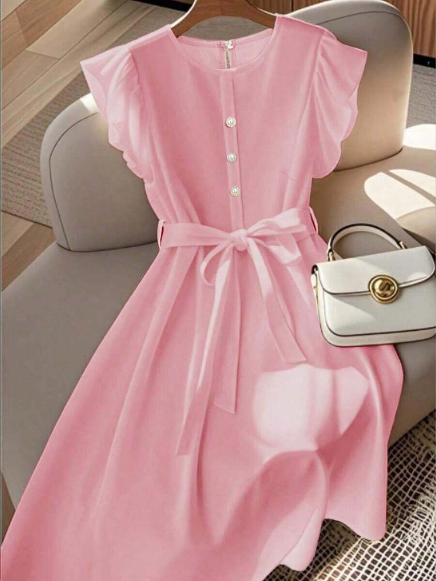 Vestido de mujer de longitud media, cómodo y suave, sin estiramiento, con cuello redondo, mangas de vuelo, cintura elástica, decoración de botones de perla, estilo francés elegante y versátil para vacaciones y viajes, color albaricoque, primavera - Rosa - Ver 1