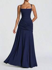 Vestido de verano elegante sin tirantes y ajustado de color amarillo, vestido casual sin espalda y sin mangas con pliegues para fiesta y club, para mujeres en bodas y primavera - Azul marino - Ver 5