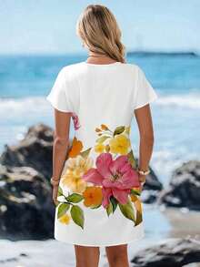 Vestido casual de mujer con estampado floral, cuello en V y manga corta para vacaciones - Multicolor 4 - Ver 2