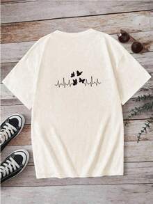 1 Piece Of Beautiful Blouses For Women's Clothing Women's Shirts Butterflies And Heartbeats 180G Black And White T-Shirt, Butterfly Print, High Quality Print, Round Neck, Basic Loose Size, For Men And Women, Breathable, Versatile, Machine Washable, Breathable, Comfortable, Size S ~ 3XL, Daily, Casual, Sports, Essential For Summer. - 白色 - 查看 4