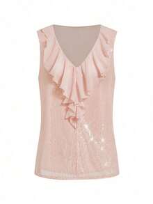 Blusa sin mangas con ribete de volantes, blusas sin mangas de verano elegantes para damas - Rosa - Ver 3
