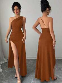 Nuevo vestido negro asimétrico sexy con hombro plisado, recorte hueco y abertura alta, adecuado para vacaciones, citas y fiestas en verano - Marrón Mocha - Ver 8