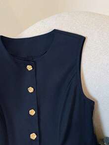 Top de tirantes de moda con decoración de flor de metal para mujer, para verano - Azul marino - Ver 4