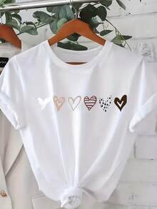 Valentine's Day Heart Print T-Shirt, Six Heart Pattern Designs, Beautiful Women's T-Shirt, Fashionable Plus Size Women's Clothing - Short Sleeve White. A Very Distinctive Printed T-Shirt / Unisex Style / Suitable For Both Men And Women / Wrinkle-Resistant / Breathable - 白色 - 查看 6