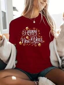 Camiseta de Mujer con Estampado de Letras de Dibujos Animados, Estilo Casual Holgado - Negro - Ver 9